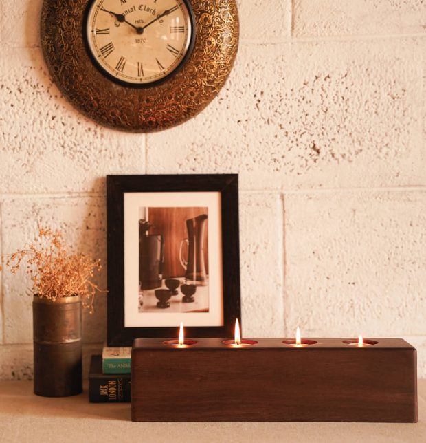 Handcrafted Wooden 4 Flame Tea Light Candle Holder - Dark