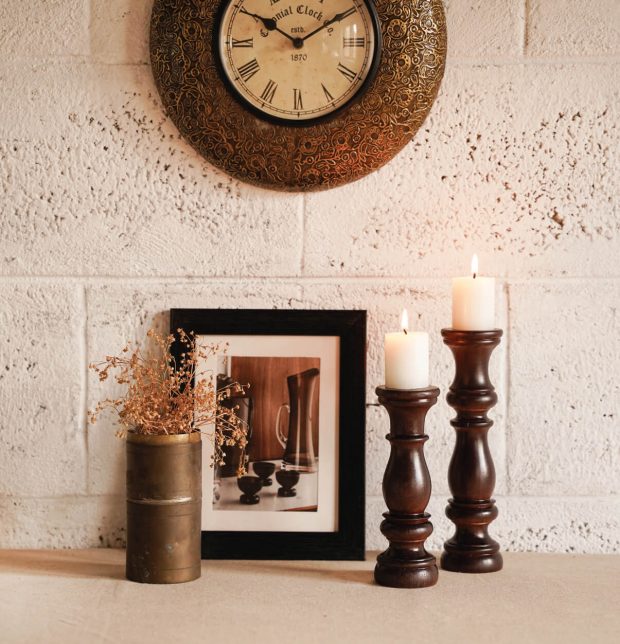 Handcrafted Wooden Wave Candle Stand Set - Dark