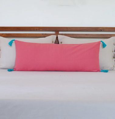 Coral Cotton Lumbar Cushion Cover with Blue Tassels – 14″ x 36″