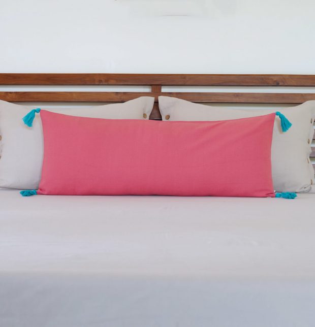 Coral Cotton Lumbar Cushion Cover with Blue Tassels - 14