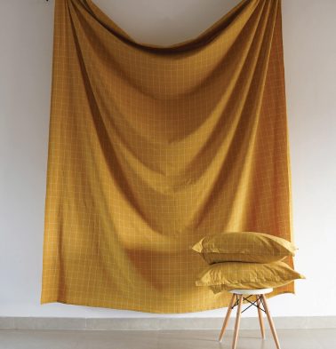 Lagom Chequered Cotton Fitted Bedsheet Mustard / White