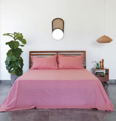 Lagom Chequered Cotton Bed Sheet Pink / Grey – With 2 pillow covers