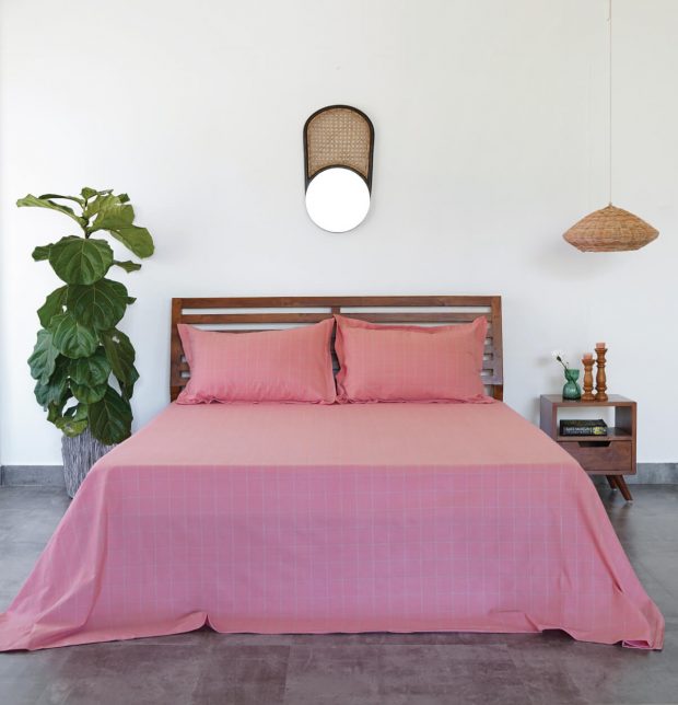 Lagom Chequered Cotton Pillow Cover Pink / Grey