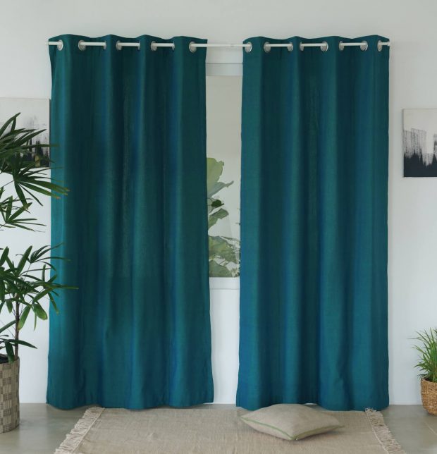 Chambray Cotton Curtain Ocean Depth Green