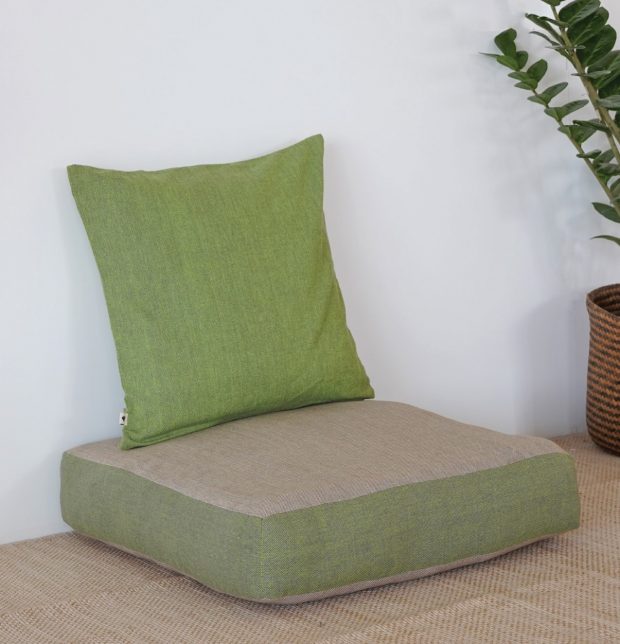 Chambray Cotton Floor Cushion Beige / Green