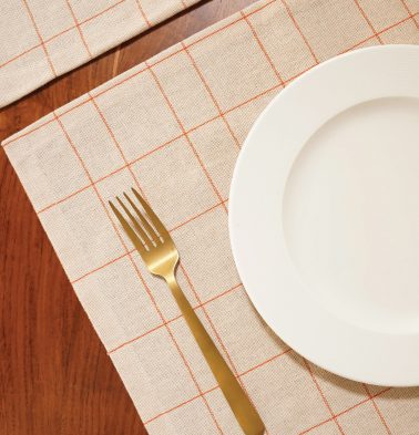 Rust Orange Checks Cotton Table Mats Beige - Set of 6