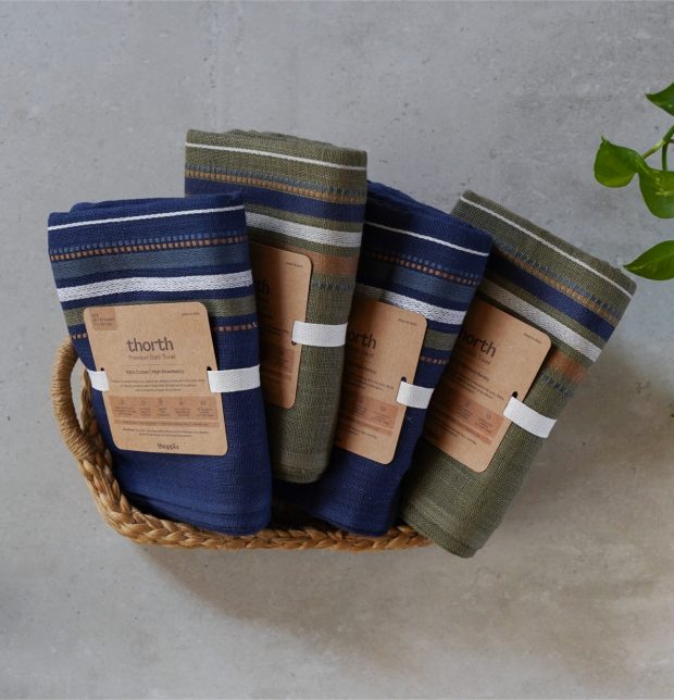 Olive Green & Blue Thorth | Premium Cotton Bath Towel | Combo of 4