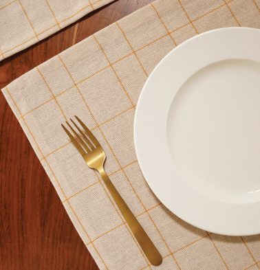 Yellow Checks Cotton Table Mats Beige - Set of 6