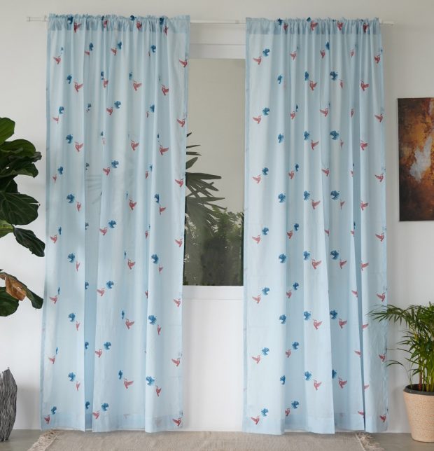 Customizable Slub Sheer Curtain, Cotton - Nirvaanya Sparrow - Baby Blue