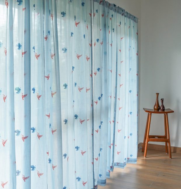 Customizable Slub Sheer Curtain, Cotton - Nirvaanya Sparrow - Baby Blue
