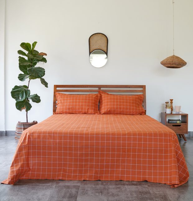Lagom Chequered Cotton Single Bed Sheet Rust Orange / White - With Pillow cover