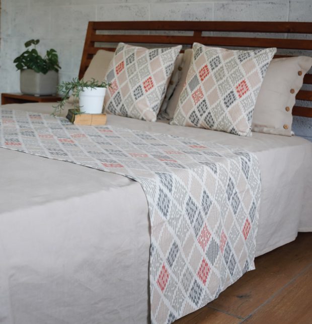 Ikat Beige Diamond Bed Runner & Cushion Cover Combo