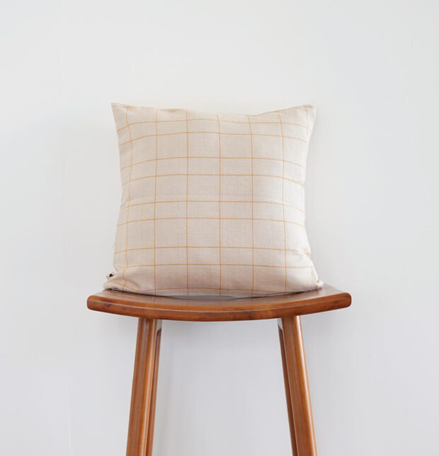Yellow Checks Cotton Cushion Cover Beige 16