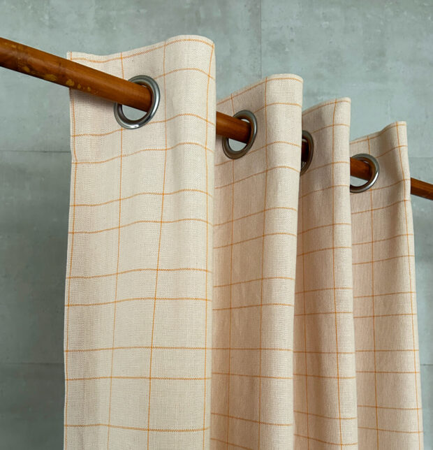 Customizable Curtain, Yellow Checks Cotton - Beige