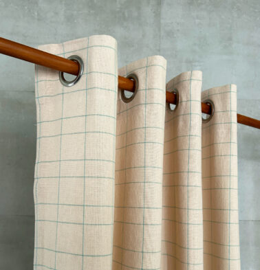Customizable Curtain, Teal Blue Checks Cotton – Beige
