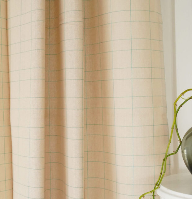 Customizable Curtain, Teal Blue Checks Cotton - Beige