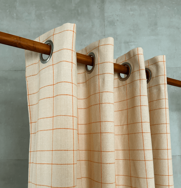 Rust Orange Checks Cotton Fabric Beige