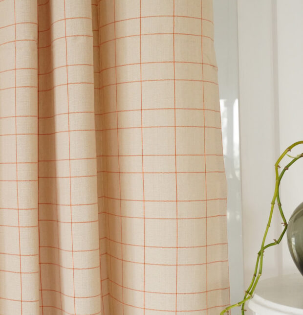 Rust Orange Checks Cotton Fabric Beige