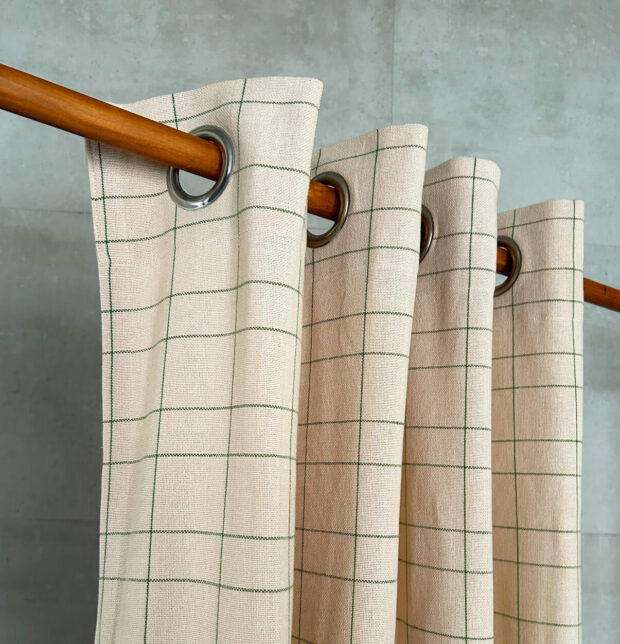 Green Checks Cotton Fabric Beige
