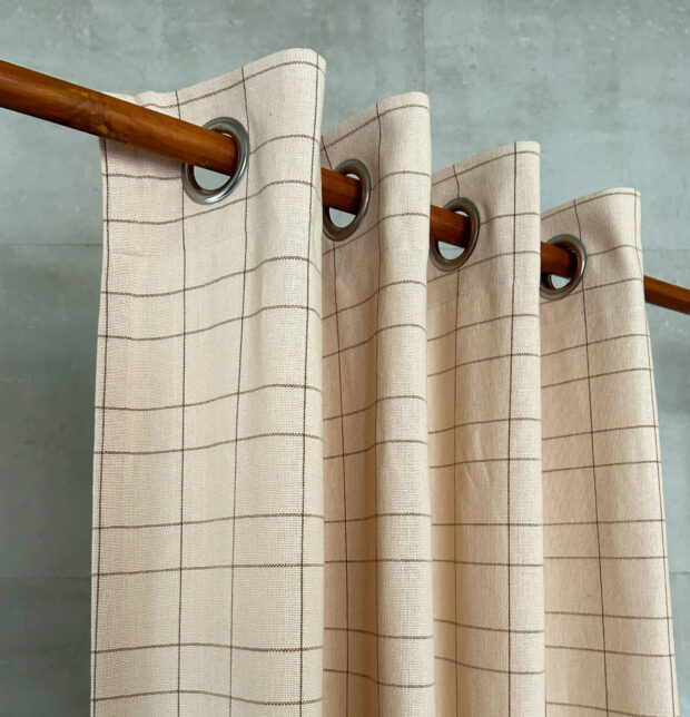 Brown Checks Cotton Curtain Beige
