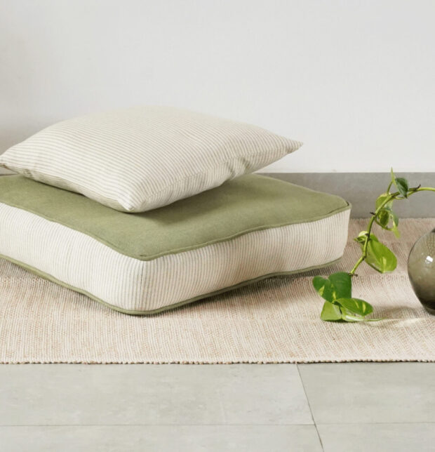 Stripe Edged Cotton Floor Cushion Iguana Green