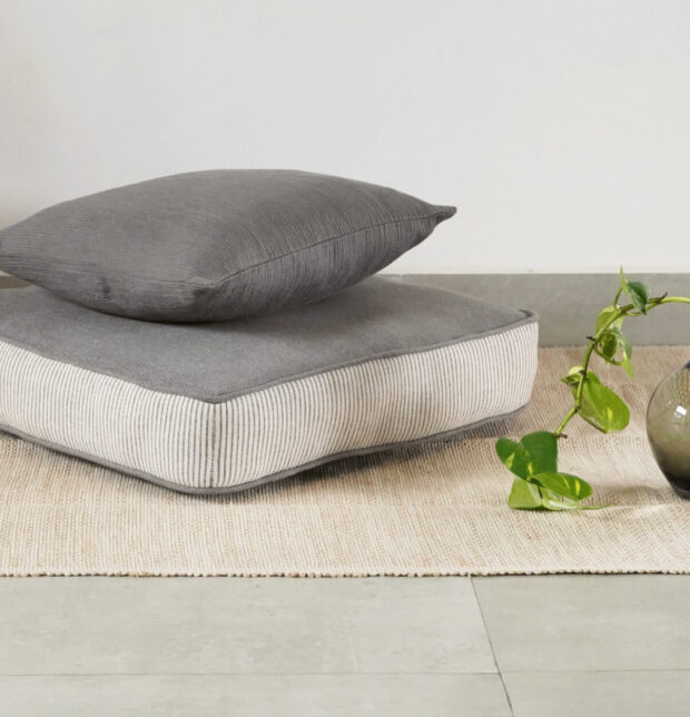 Stripe Edged Cotton Floor Cushion Nickel Grey