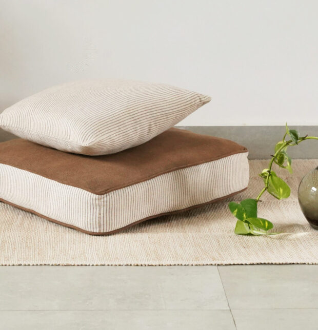 Stripe Edged Cotton Floor Cushion Tan Brown