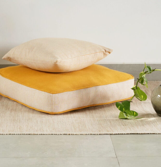 Stripe Edged Cotton Floor Cushion Sunflower Yellow