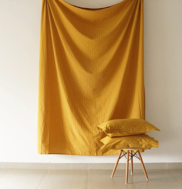 Silver Lining Striped Cotton Bedsheet Mustard / White - With 2 pillow covers