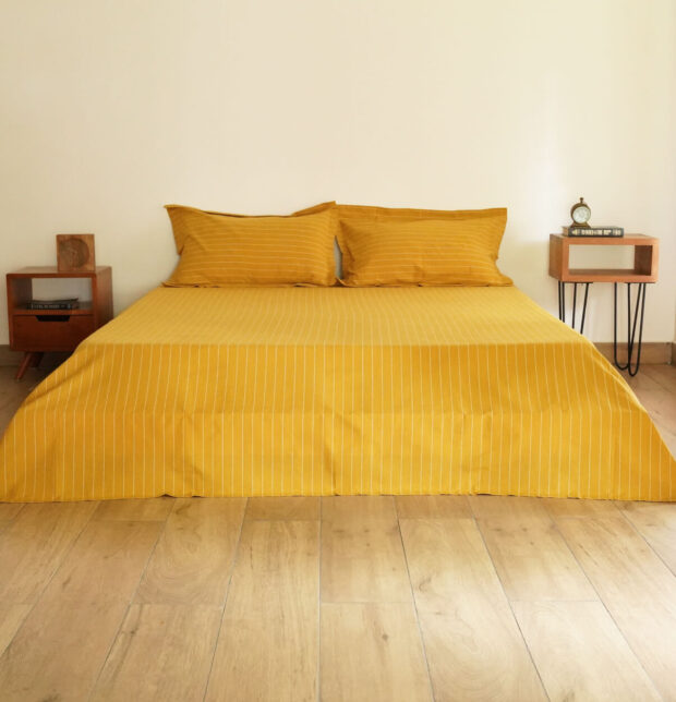 Silver Lining Striped Cotton Bedsheet Mustard / White - With 2 pillow covers
