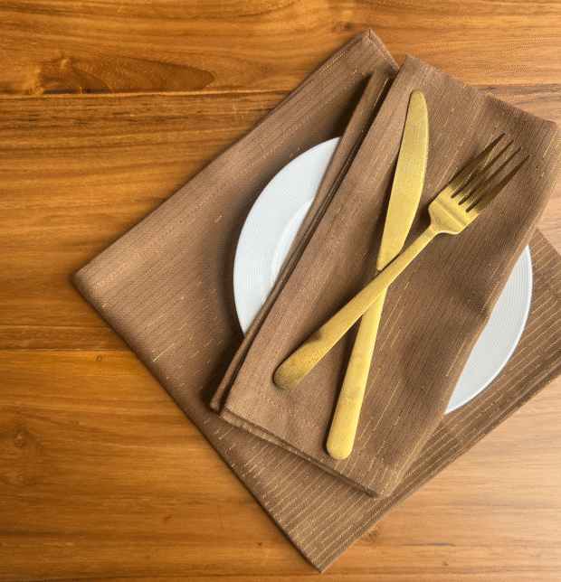 Zari Stripes Sage Green Table Runner & Brown Napkins Combo