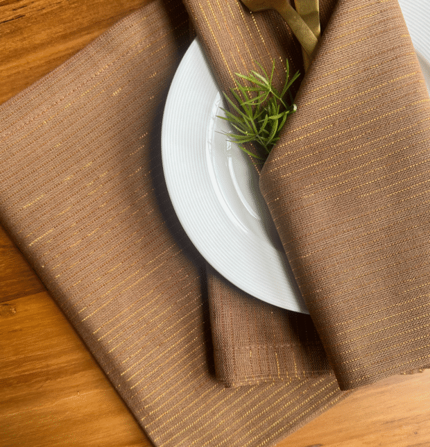 Zari Stripes Sage Green Table Runner & Brown Napkins Combo