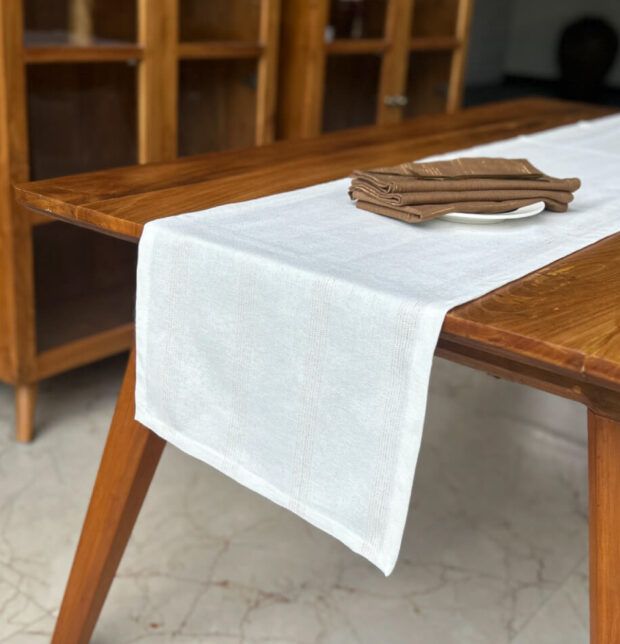 Zari Stripes Cotton Table Runner White