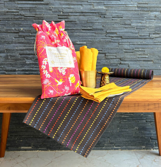 Broken Stripes Table Runner & Yellow Napkin Set - Gift Bag