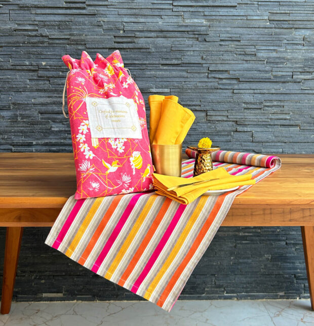 Vibrant Satin Stripes Table Runner & Yellow Napkin Set - Gift Bag