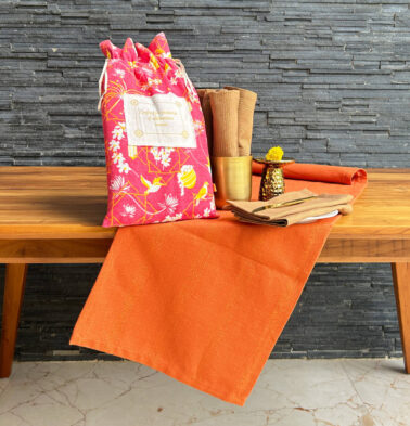 Zari Stripes Rust Orange Table Runner & Brown Napkins Combo