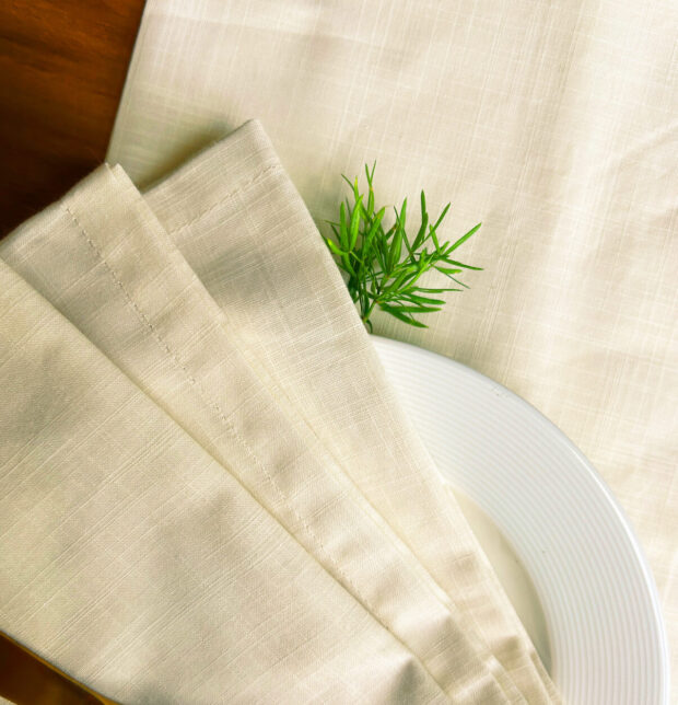 Classic Stripes Beige Linen Table Runner & Beige Napkins Combo