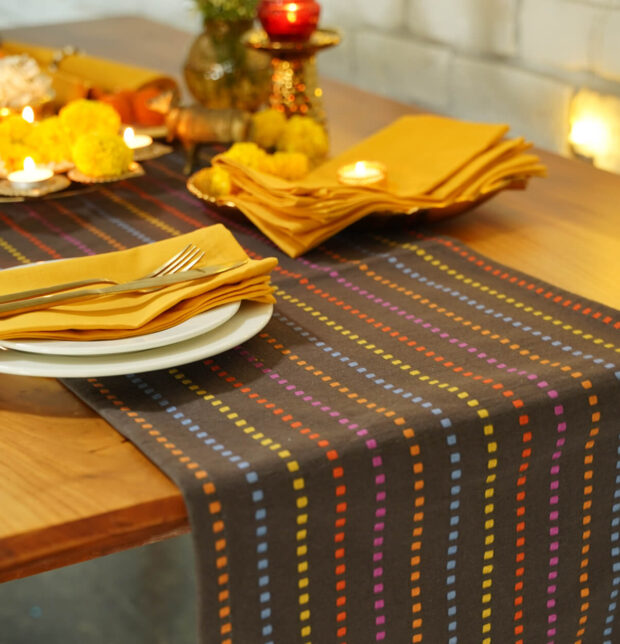 Broken Stripes Cotton Table Runner Brown