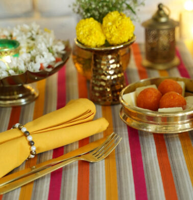 Vibrant Satin Stripes Table Runner & Yellow Napkin Set – Gift Bag