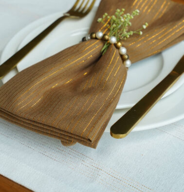 Zari Stripes White Table Runner & Brown Napkins Combo