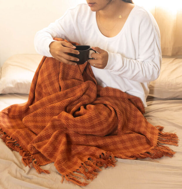 Houndstooth Handwoven Cotton Throw Burnt Orange
