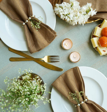 Zari Stripes Sage Green Table Runner & Brown Napkins Combo