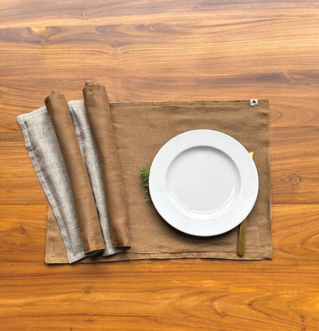 Toffee Brown/ Beige Reversible Linen Table Mats - Set of 6