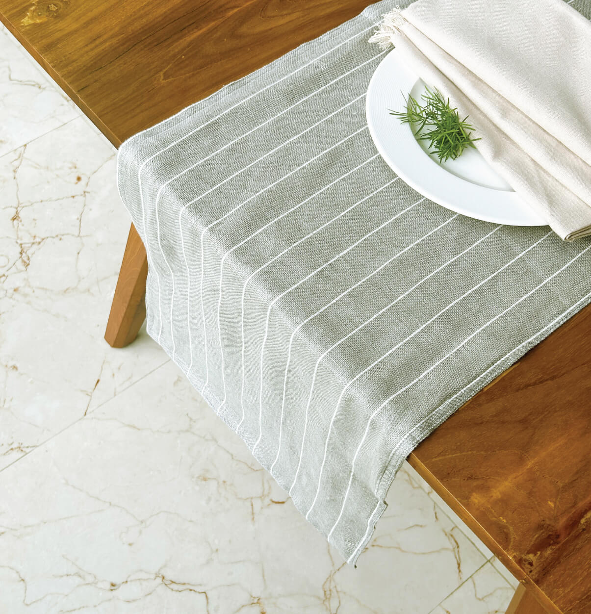 Classic Stripe Reversible Linen Table Runner Grey/White | Thoppia, image size:1205x1252
