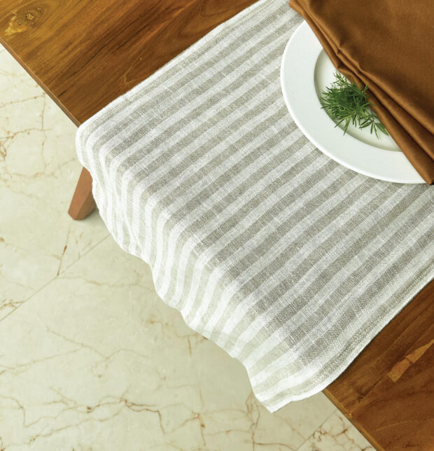 Twin Stripes Beige Linen Table Runner & Brown Napkins Combo