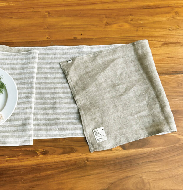 Twin Stripes Beige Linen Table Runner & Brown Napkins Combo