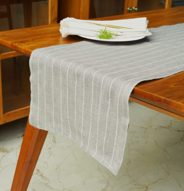 Classic Stripe Grey / White Reversible Linen Table Runner