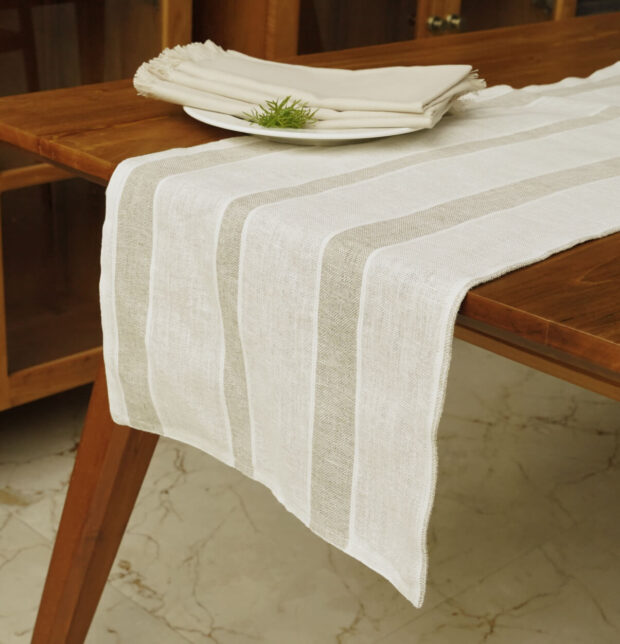 Shadow Stripe White / Beige Reversible Linen Table Runner