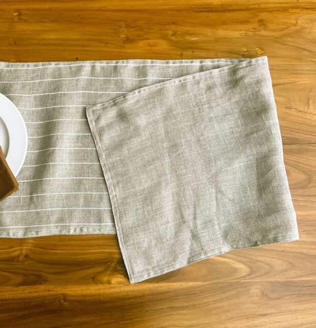 Classic Stripes Beige Linen Table Runner & Beige Napkins Combo