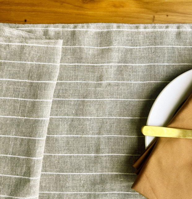 Classic Stripes Beige Linen Table Runner & Beige Napkins Combo